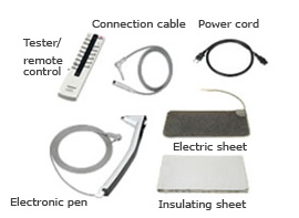Connection cable / Power cord / Tester/remote control / Electronic pen / Electric sheet / Insulating sheet
